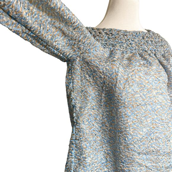 Lafayette 148 New York Silk Blend Paley Jacquard Long Sleeve Top Blue Cream XS - Picture 9 of 16